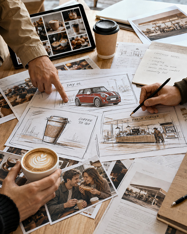 Campaign sketches, storyboard frames and printed concepts spread across a studio table